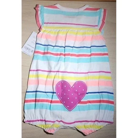 Carter's Baby Girl Sleeveless Romper 9M Stripes Multi Color Heart On Backside - Picture 3 of 6